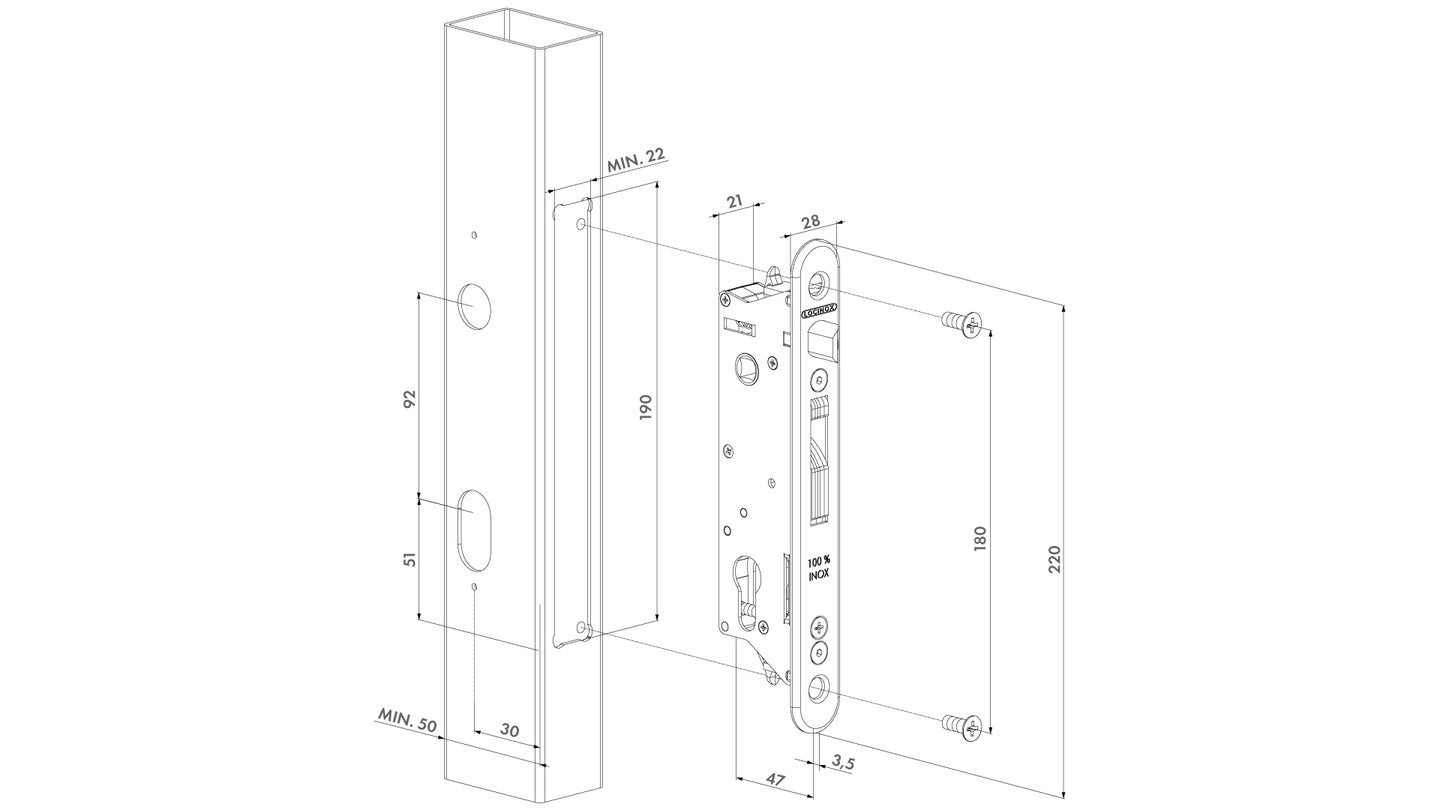 Locinox imontuojamos spynos fiftylock rinkinys 50mm ir didesniems profiliams.