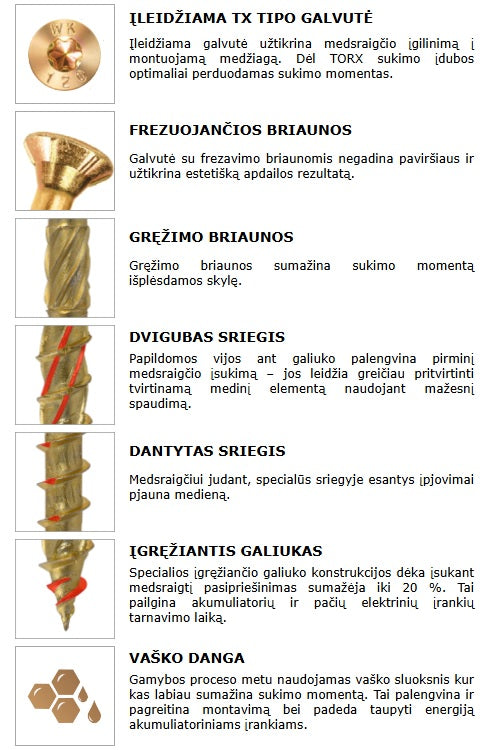 Medsraigtis ileidziama TORX galva daliniu sriegiu savybes