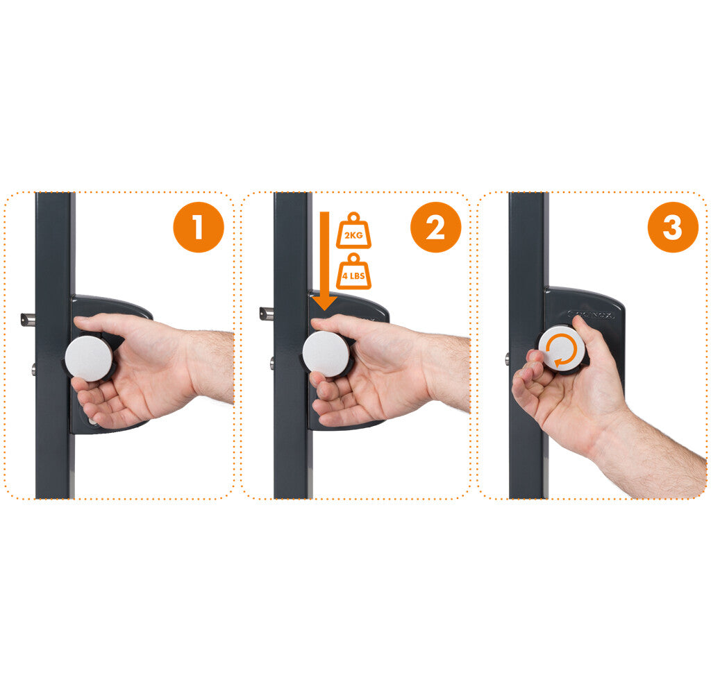 Rankena Locinox vienpuse su apsauga nuo vaiku veikimo principas