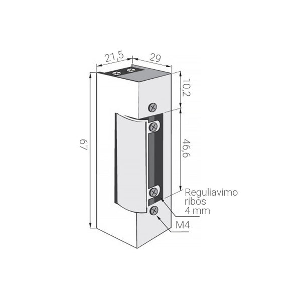 Elektromagnetinės sklendės brėžinys su matmenimis (67 x 29 x 21,5 mm)