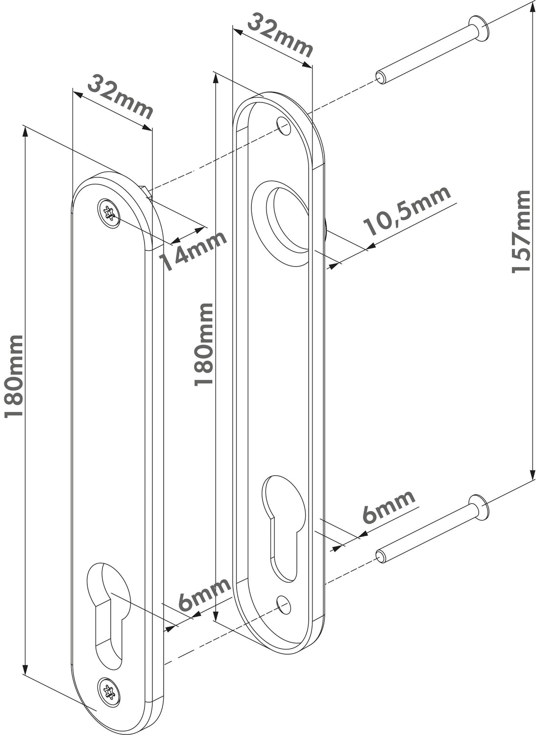 Locinox 3025-HYB-BLIND dangtelių brėžinys – 180x32 mm, tvirtinimo skylių atstumas 157 mm