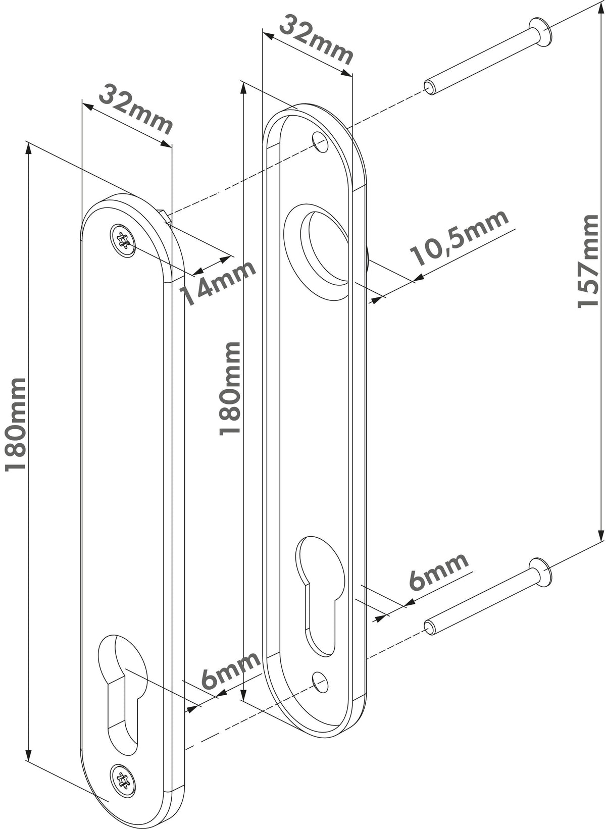 Locinox 3025-HYB-BLIND dangtelių brėžinys – 180x32 mm, tvirtinimo skylių atstumas 157 mm
