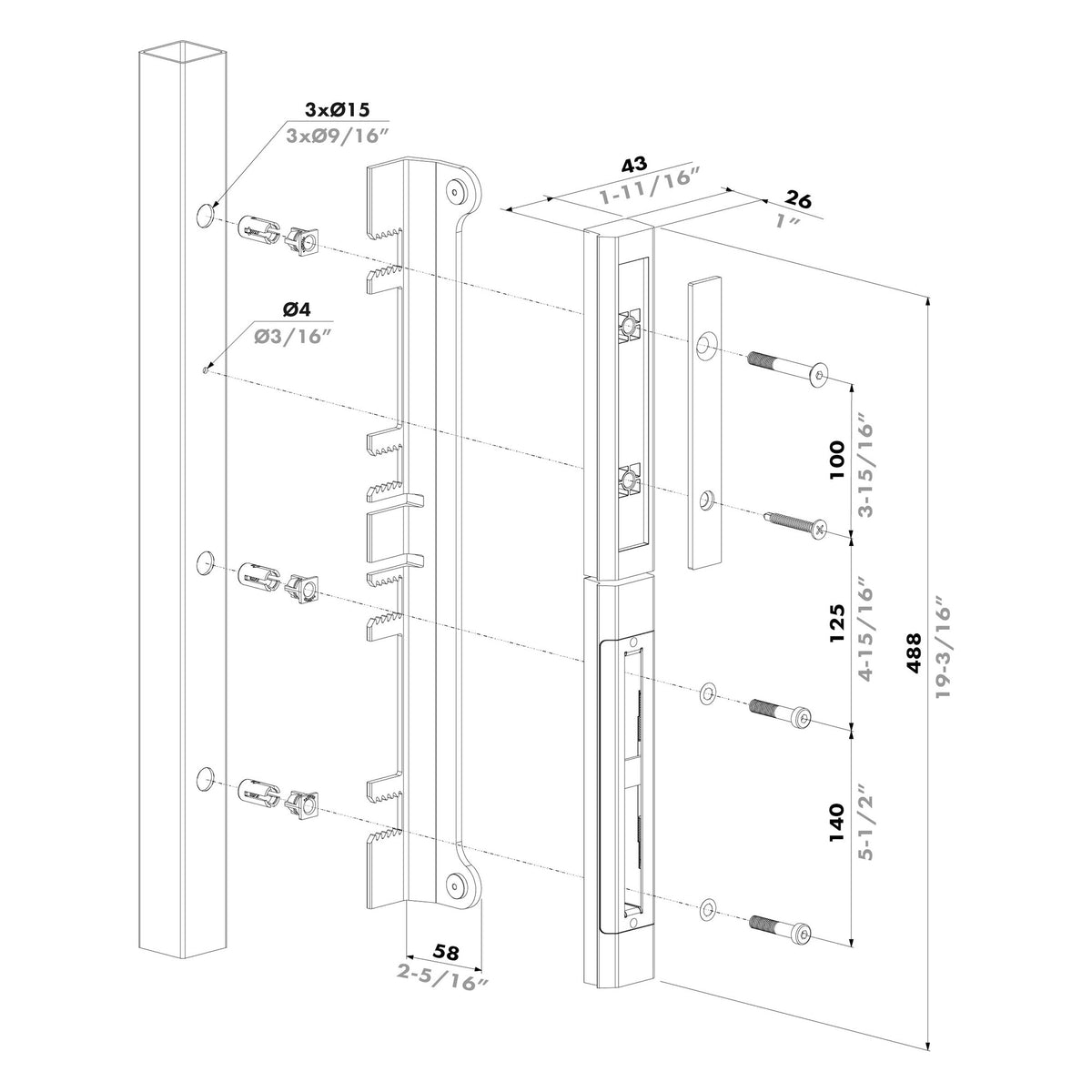 Locinox SFKO-V ir SFKO-V-5060 atramos-gaudytuvo matmenys ir montavimo schema