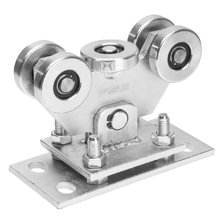 Pasiverčiantis stumdomų vartų vežimėlis su 5 metaliniais ratukais 70x70mm bėgiui
