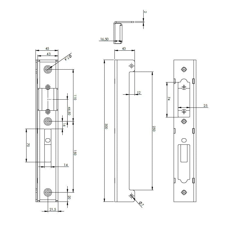 Plono korpuso elektromagnetinei sklendei brėžinys su matmenimis (300 x 45 mm)